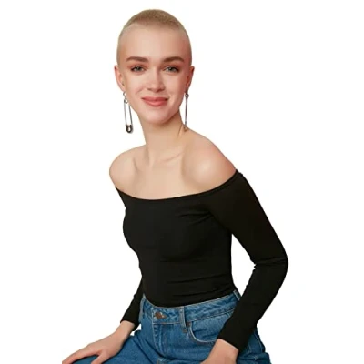 Image of Trendyol Women Young Regular Basic Carmen Collar Knit Blouse Black
