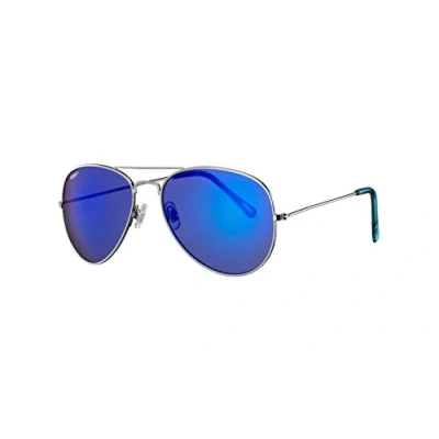 Image of Zippo Eyewear Flash Pilot Sunglasses UV400 Protection Logo Adult Unisex Made in USA Silver Frame, Multilayer Blue Lenses, Temple