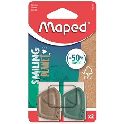 Image of Maped Smiling Planet The Sustainable Eraser x2 Made from FSC Certified Rubber Protective case of Wood Fibre Composite Ergonomic, Brown/turquoise.