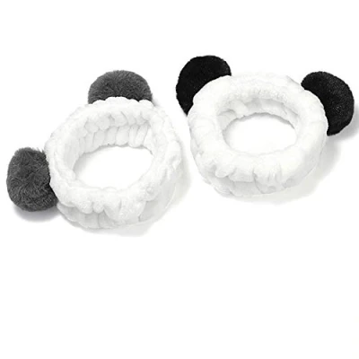 Image of 2pcs Cute Panda Ear Headband Soft Elastic Coral Fleece Hair Band with Pompons for Ladies Fashion(Black and Grey Ear)