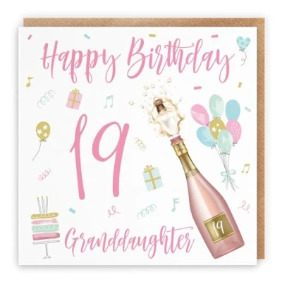 Image of Hunts England Large Granddaughter 19th Birthday Card Happy 19 Champagne Collection 210 x mm Fun Pretty Age