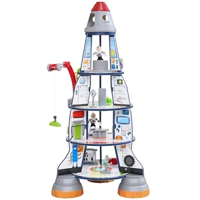 Image of KidKraft Rocket Ship Wooden Play Set for Kids with Space Shuttle, Station Crane, Astronaut and Alien Action Figures Included, Kids&#039; Toys, 63443