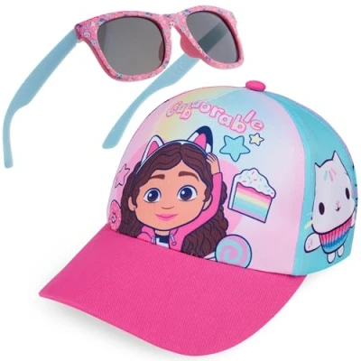 Image of Get Trend Gabby’s Dollhouse Sunglasses Baseball Cap Set for Girls Breathable Adjustable Summer Sun Hat UV400 Kids Travel Essentials (Pink/Blue Dollhouse)