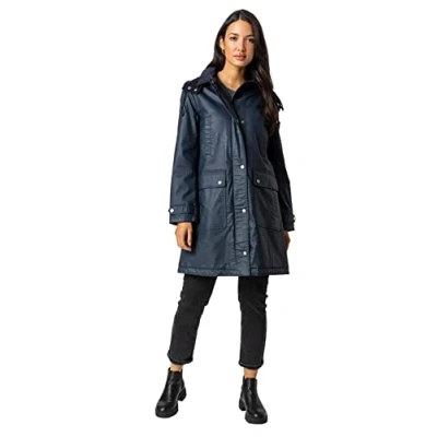Image of Roman Originals Women Waxed Coat with Hood Ladies Hooded Winter Jacket Pockets Autumn Long Longline Rainproof Windproof Showerproof Everyday Evening Work Smart Casual Navy Size 18