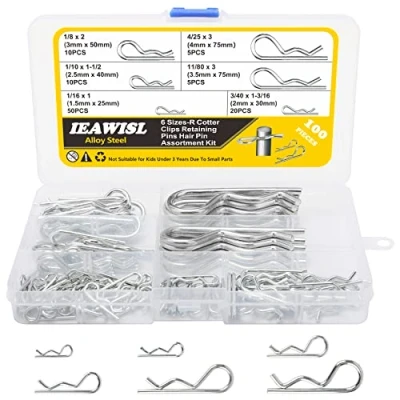 Image of R Clips, 100Pcs Cotter Pins Assortment Kit 6 Sizes Retaining Hair Zinc Plated Steel Split Fastener Fitting Set for Lawn Mower, Machinery, Garage, Trucks, Small Engine Repair
