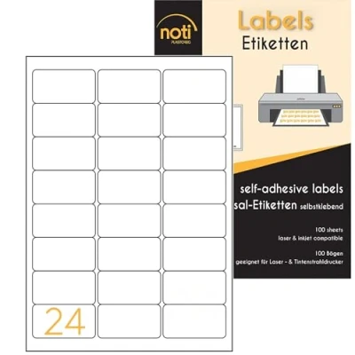 Image of NOTI Labels, 24 per A4 Sheet, 100 Sheets 2400 Self Adhesive Address Mailing Printer Sticker, Label size 64 x 33.8mm