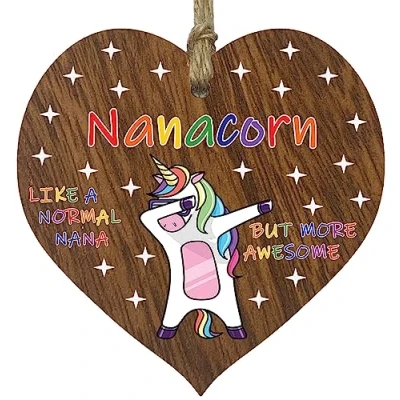 Image of Nana Birthday Gift for Her Nanacorn Wooden Heart Plaques, Dark Wood Sign Keepsake, Funny Happy Plaque Nannie Gifts Unicorn Awesome Nanna Present from Granson Granddaughter
