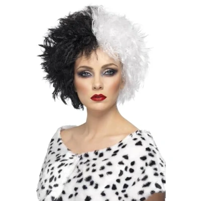 Image of Smiffys Evil Madame Wig, Black &amp; White Short, Curly, Icons Idols Fancy Dress, Adult Dress Up Wigs
