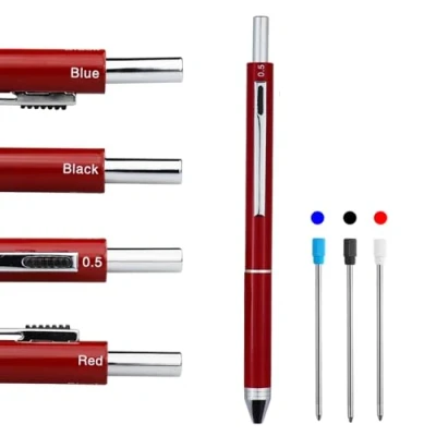 Image of HeTaoCat 4 in 1 Multicolor Pen, Metal Cased Multifunction 0.5mm Mechanical Pencil, Red Ball Blue Pen and Black (Red)