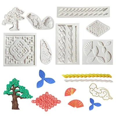 Image of Rolin Roly 8Pcs Fondant Cake Lace Mould Scroll Embossed Silicone Molds Mini Fan Chocolate Baking Mold Polymer Clay Non Stick Moulds for Gum Paste DIY Cupcake Decorations