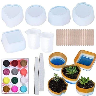 Image of Cayway 30 PCS Silicone Resin Mould Flower Pot Set, 5 Epoxy Moulds, 12 Color Glitter for Candle Holder Making, Succulent Plant Mould, Ashtray