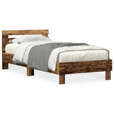 Image of vidaXL Solid Reclaimed Wood Bed Frame 100x200 cm Rustic Weathered Finish with Headboard for Bedroom