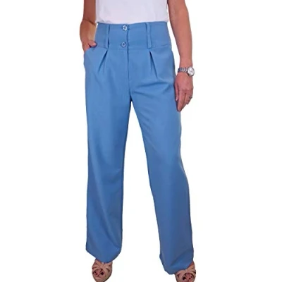 Image of icecoolfashion Womens Wide Leg Trousers Pleated Office Work Smart Formal Relaxed Fit Trouser Sky Blue (14)