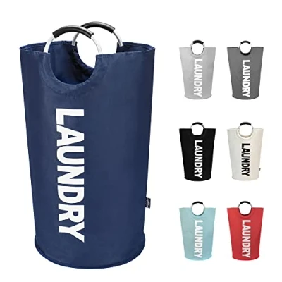 Image of DOKEHOM 90L Large Laundry Basket, Collapsible Bag, Freestanding Tall Clothes Hamper, Foldable Washing Bin (Dark Blue)