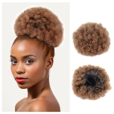 Image of Afro Puff Drawstring Ponytail Synthetic Extension Short Kinky Curly Hair Clip in Extensions for Women Bun Hairpieces (Large, T1B/30#)