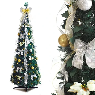 Image of Best Artificial Battery Powered Pre Lit &amp; Decorated Pop up Christmas Tree Xmas with Lights (White/Gold)