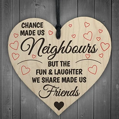 Image of RED OCEAN Chance Made Us Neighbours Novelty Wooden Hanging Heart Plaque Friendship Gift
