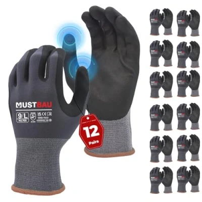 Image of Mustbau 12 Pairs Safety Work Gloves,Non Slip Gardening Gloves, Abrasion Resistant Nylon Working Gloves,Good Grip on Palm and Fingers,Ideal for Men Women General Duty L