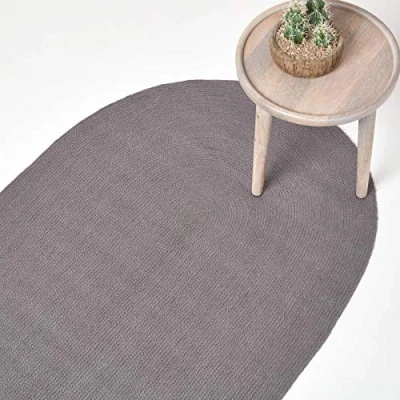 Image of HOMESCAPES Dark Grey Handmade Braided Oval Rug For Bedroom &amp; Living Room Reversible Woven Cotton Rug, 90 x 150 cm