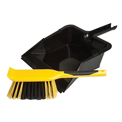 Image of Heavy Duty Black &amp; Yellow Dustpan and Brush Set Indoor Outdoor Kitchen Garden Floor Sweeping Cleaning