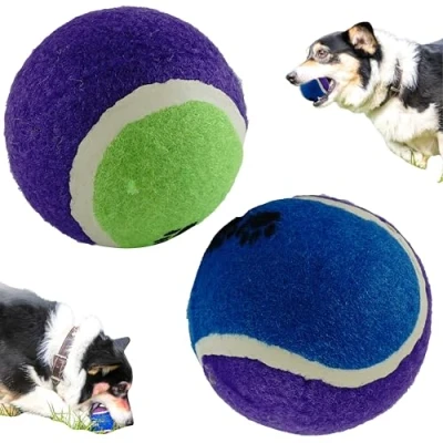 Image of HOVUK 2x Dog Fetch Ball for Interactive Playtime, Paw Print Balls Dogs, Rubber Tennis Chew Resistant, Safe and Toys