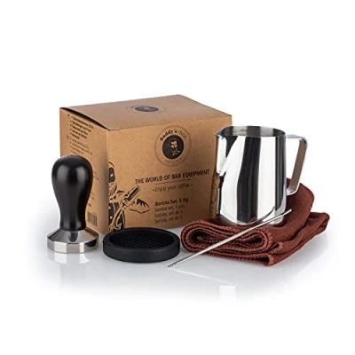 Image of Buddy&#039;s Bar Barista Edition, Premium Set, 5 Pieces, Milk Jug 0.35 Litres, Coffee Stamp, Tamper Diameter 51 cm, Stainless Steel, Silicone Mat, Needle L: 13.5 Hand Towel