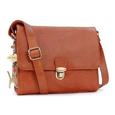 Image of Catwalk Collection Handbags Women&#039;s Leather Crossbody Bag Medium A5 Size Messenger Handbag With Multiple Compartments DIANA Tan