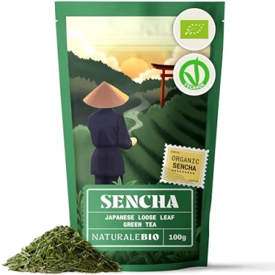 Image of Organic Japanese Sencha Green Tea Upper Grade 100g. Loose Leaf Bio, Natural and Pure. First harvest Leaves cultivated in Japan. NaturaleBio