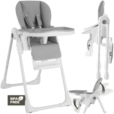 Image of tectake® Baby High Chair with Adjustable Height, Backrest, Footrest &amp; Tray, Foldable Easy Care Faux Leather Cover, Secure Harness, Suitable from 6 Months, 15kg Load Capacity