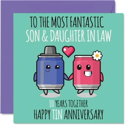 Image of Cute Tin Anniversary Card for Son &amp; Daughter In Law 10 Years Together Happy 10th Wedding Cards Son, 145mm x Greeting Tenth Anniversaries