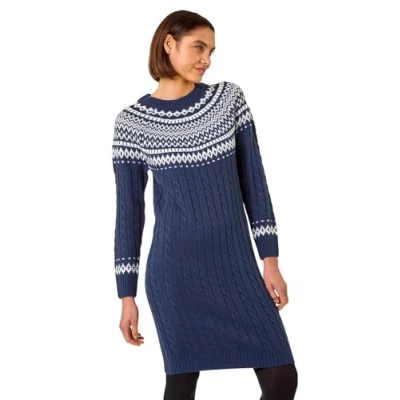 Image of Roman Thick Jumper Dress for Women UK Ladies Knitted Knit Sweater Long Longline Knitwear Autumn Winter Holiday Round Neck Sleeve Soft Knee Length Sweat Warm Navy White Size 18