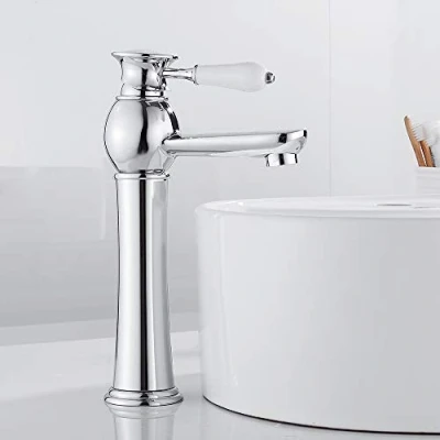 Image of Classic Tall Counter Top Basin Mixer Tap Chrome Single Lever Monobloc Brass Bathroom Sink Taps Cloakroom Washroom Faucet