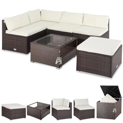 Image of CASARIA® Garden Rattan Lounge Furniture Set inc. 318L Weatherproof Cushion Box with Table Cushions Stool Sofa Outdoor Patio 5 Person Seating Group Polyrattan Brown Cream