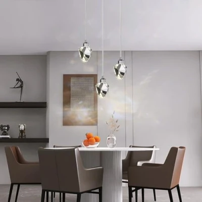 Image of Modern Crystal Pendant Light, 3 Color LED Lamp, Adjustable Height Silver Ceiling Hanging For Kitchen Island Bedroom Living Room Dining Lighting (3 Headed Round Base)