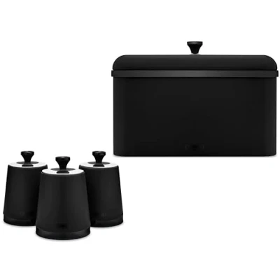 Image of Tower Sera Black Breadbin &amp; Tea, Coffee, Sugar Canisters. Contemporary Matching Kitchen Storage Set in with Smoked Trim