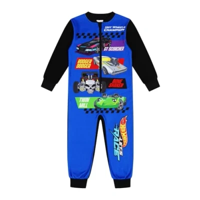 Image of Hot Wheels Boys Fleece Sleepsuit Race Car Blue Kids Onesie (5 6 Years)