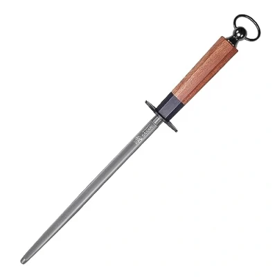 Image of MITSUMOTO SAKARI 10 inch Japanese Professional Round Knife Sharpening Rod, High Carbon Steel Kitchen Sharpener, Black Non Slip Honing Rod (Rosewood Handle)