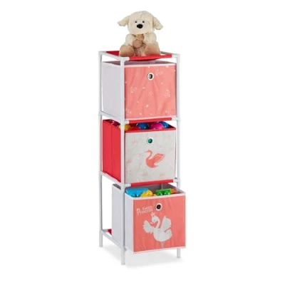 Image of Relaxdays Children’s Shelf with 3 Boxes, Toy Storage Stand for Girls, Cute Swan Design, Nursery Organiser, White/Red