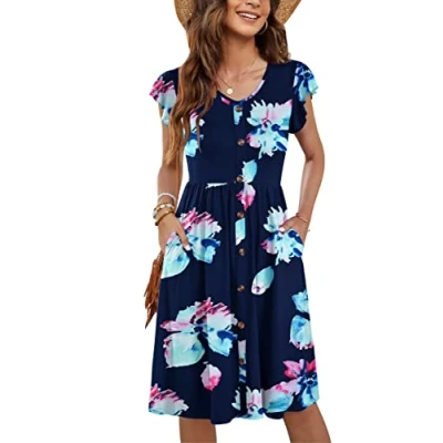 Image of MOLERANI Women Summer Dresses Ruffle Sleeve V Neck Casual Swing Elastic Waist Midi Dress with Pockets Floral Navy Pink XL