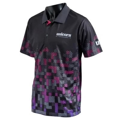 Image of Unicorn Darts Shirt Pro Tech Digital Cool Breathable Soft Feel Micro Mesh 3 Tuk Polyester Black &amp; Purple with White Text to Chest and Logo Left Sleeve XXXL fit 50 53 inches