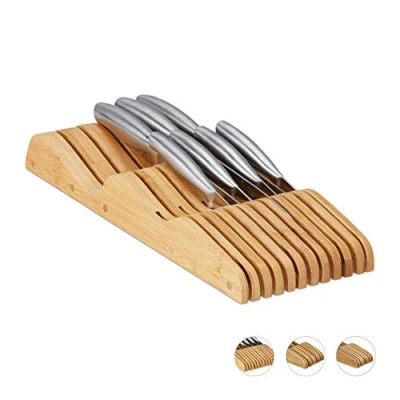 Image of Relaxdays Bamboo Block, for 7 or 9 Knives, Drawers, Empty Knife Holder, Natural Brown, 5 x 14.5 40 cm