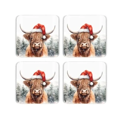 Image of Highland Cow Christmas Coaster Set Festive Xmas Present of Four (4) Square Drinks Coasters