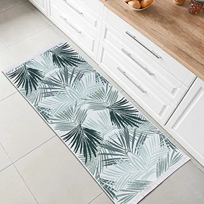 Image of Jimri Fashion4Home Short Pile Boho Kilim Rug, Living Room Bedroom and Kitchen Rug Runner, Hallway Children&#039;s Palm Green/White, Green: 80 x 200 cm