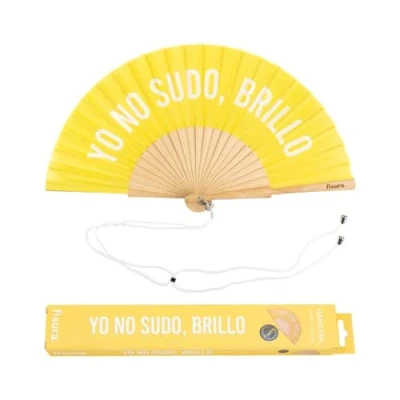 Image of Fisura Original handheld folding Fan with the message in Spanish. Wooden fan. holding Hand Fans. hanger included (Brillo, yellow)