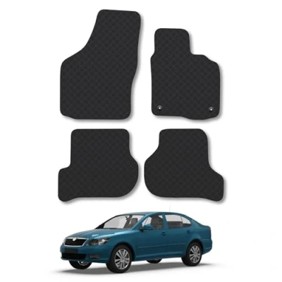 Image of Rubber Car Mats Compatible with Skoda Octavia (2008 2013) Tailored Fit Floor Set Accessory Black Custom 4 Pieces Clips Anti Slip Backing, Heavy Duty &amp; Waterproof