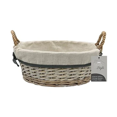 Image of JVL Arianna Round Willow Storage Baskets, Grey Wash
