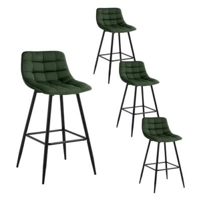 Image of WOLTU Bar Stools Set of 4 PCS Soft Velvet Seat Chairs Breakfast Kitchen Counter Metal Legs Barstools Dark Green High with Backrests &amp; Footrests