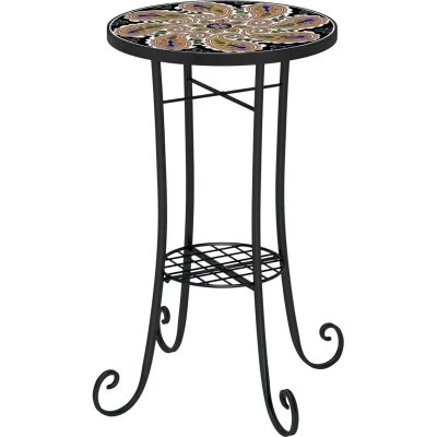 Image of Outsunny Mosaic Garden Table, 35.5 cm Round Outdoor Table with Shelf, Ceramic Tile Top, Small Side Bistro End Plant Stand for Indoor, Patio, Balcony, Orange