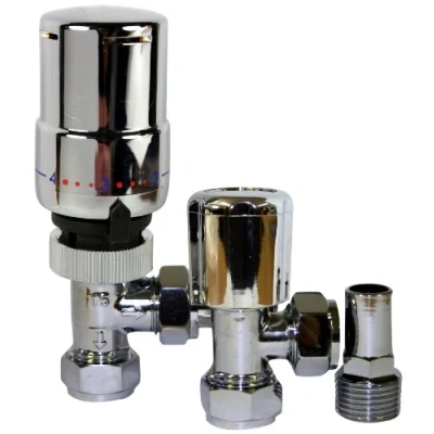 Image of Tower Flue Components TRVPACKCH Thermostatic Angled Radiator Valve with Lockshield Chrome