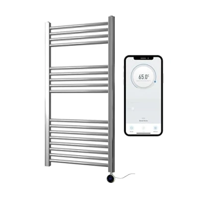 Image of Greened House Chrome Electric Smart WiFi Controlled Heated Towel Rail 500mm W x 1000mm H Flat 7 Day Programmable Timer App Compatibility